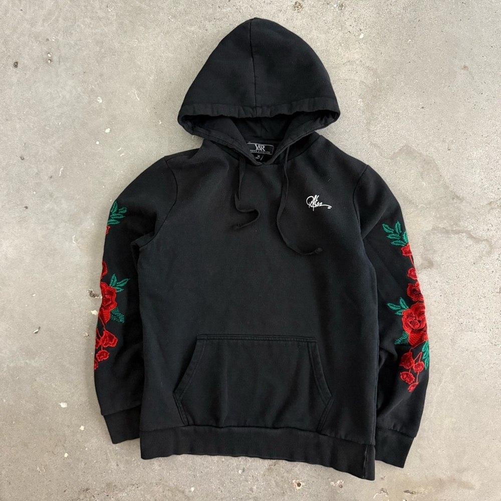 Young & Reckless Black Hoodie with Red Floral Design Size M